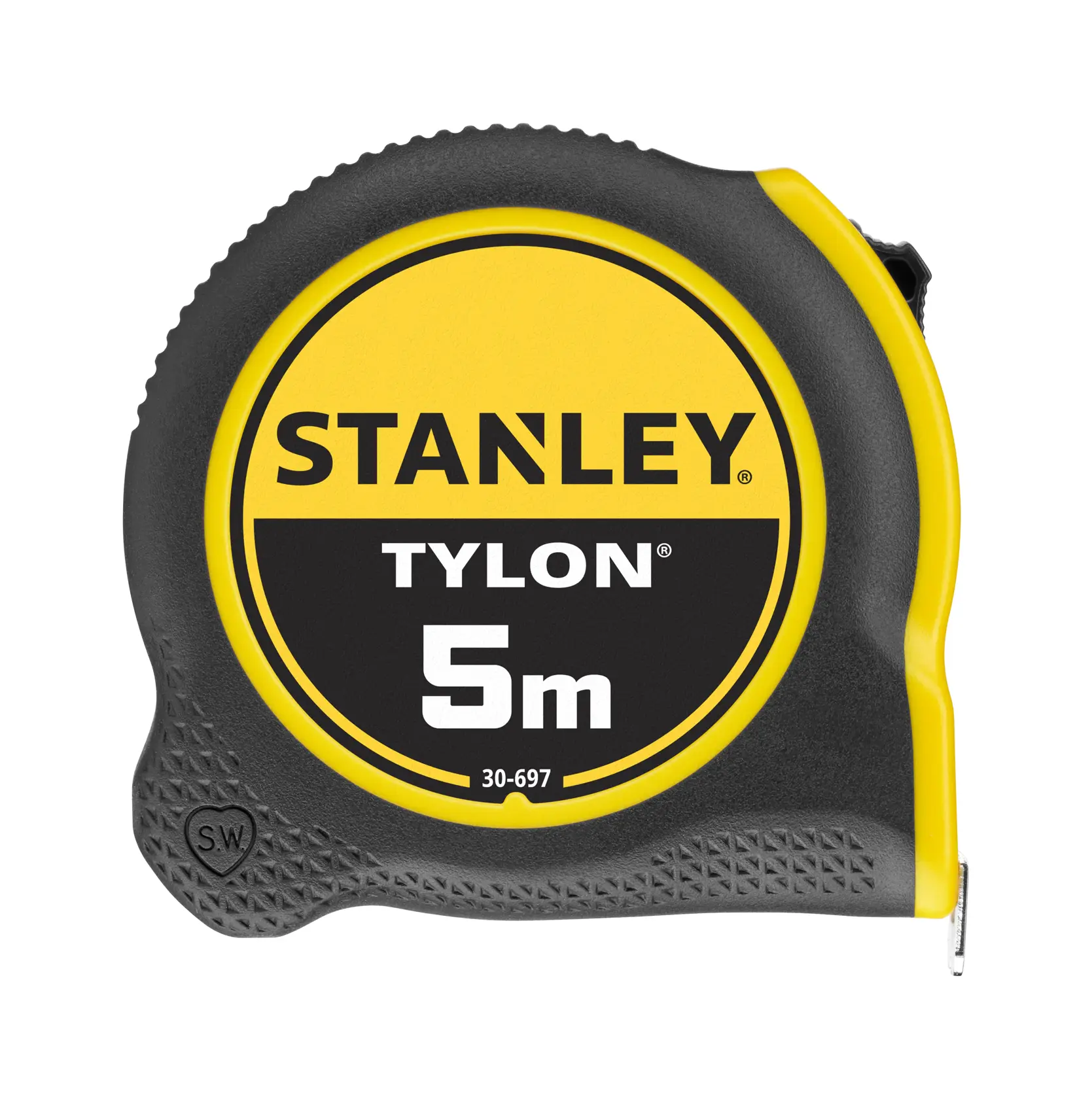 Photo of STANLEY 1-30-697 Tylon 5m tape measure, black and yellow casing, front angle.