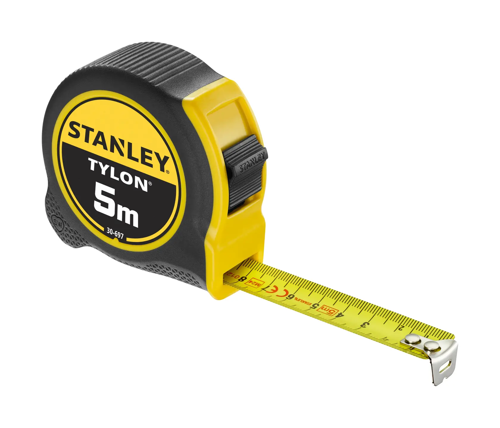 STANLEY 1-30-697 tape measure, 5m length, black and yellow casing, extended yellow blade, product angle on white background.