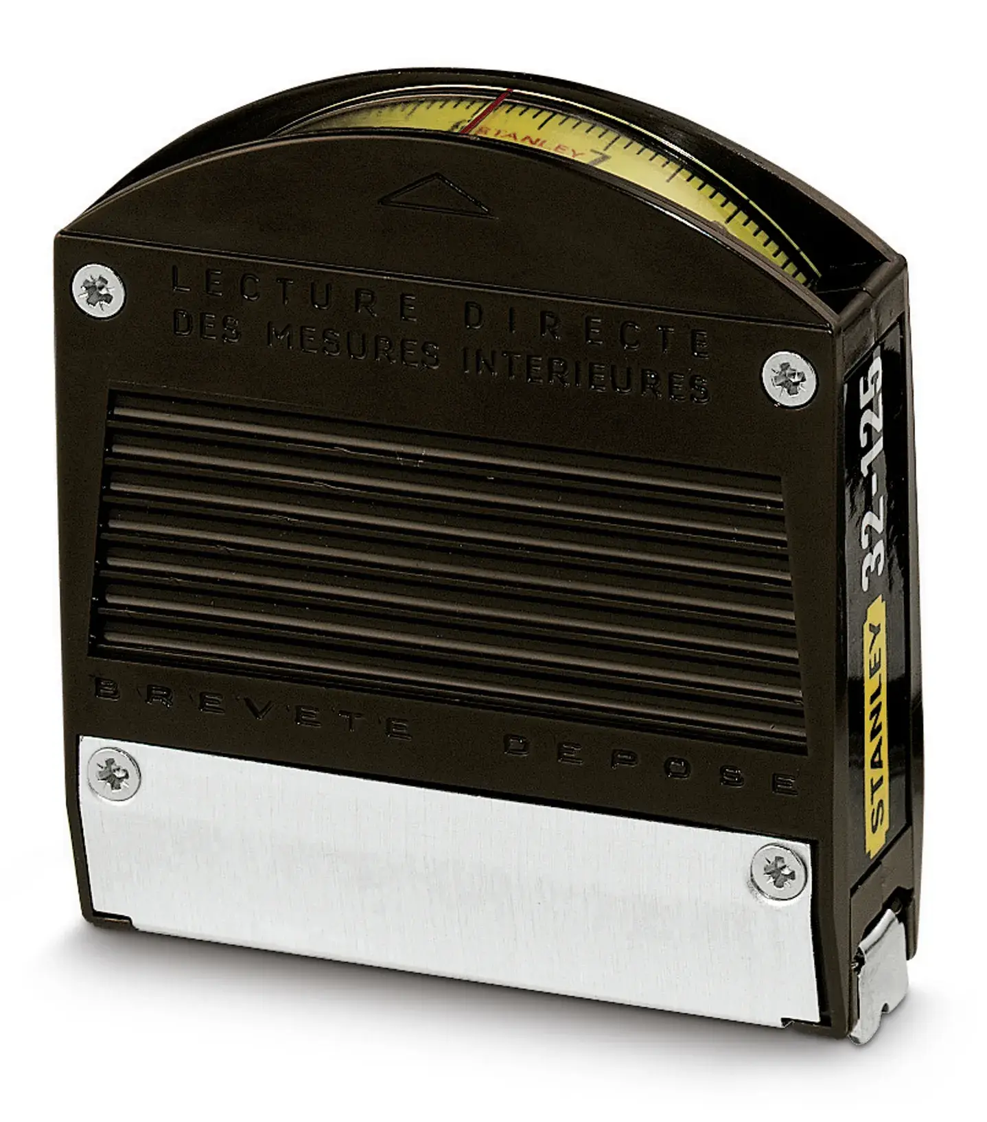 STANLEY 1-32-125 compact tape measure front angle, black and silver casing with visible measurement scale.