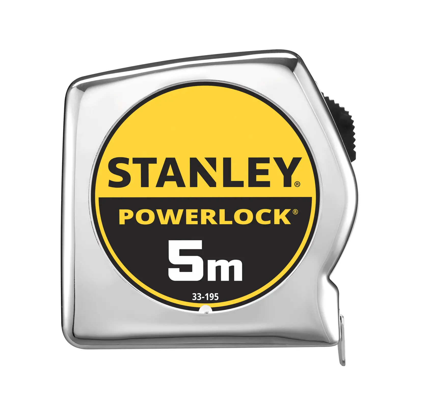 STANLEY 1-33-195 Powerlock tape measure, 5m length, chrome case, front angle, photography product.