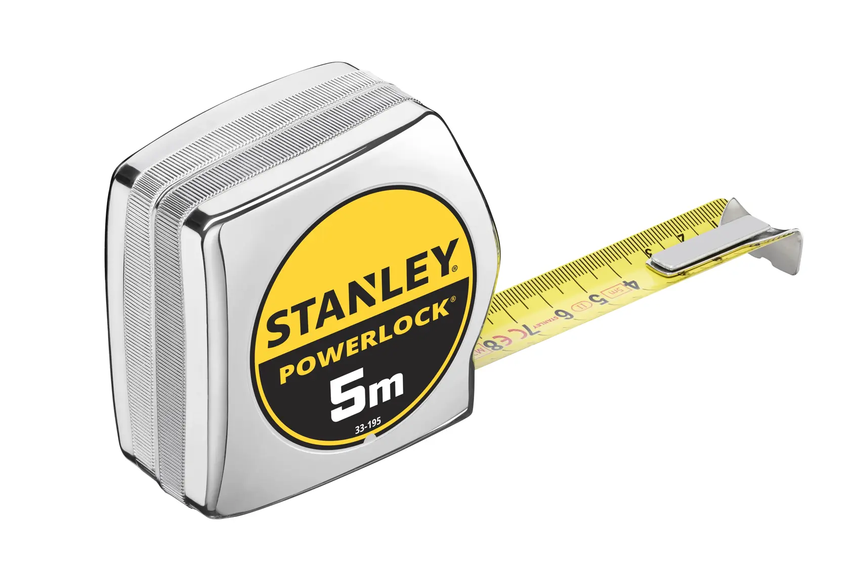 STANLEY 1-33-195 tape measure, PowerLock, 5m, silver case, yellow blade, side view, photography.