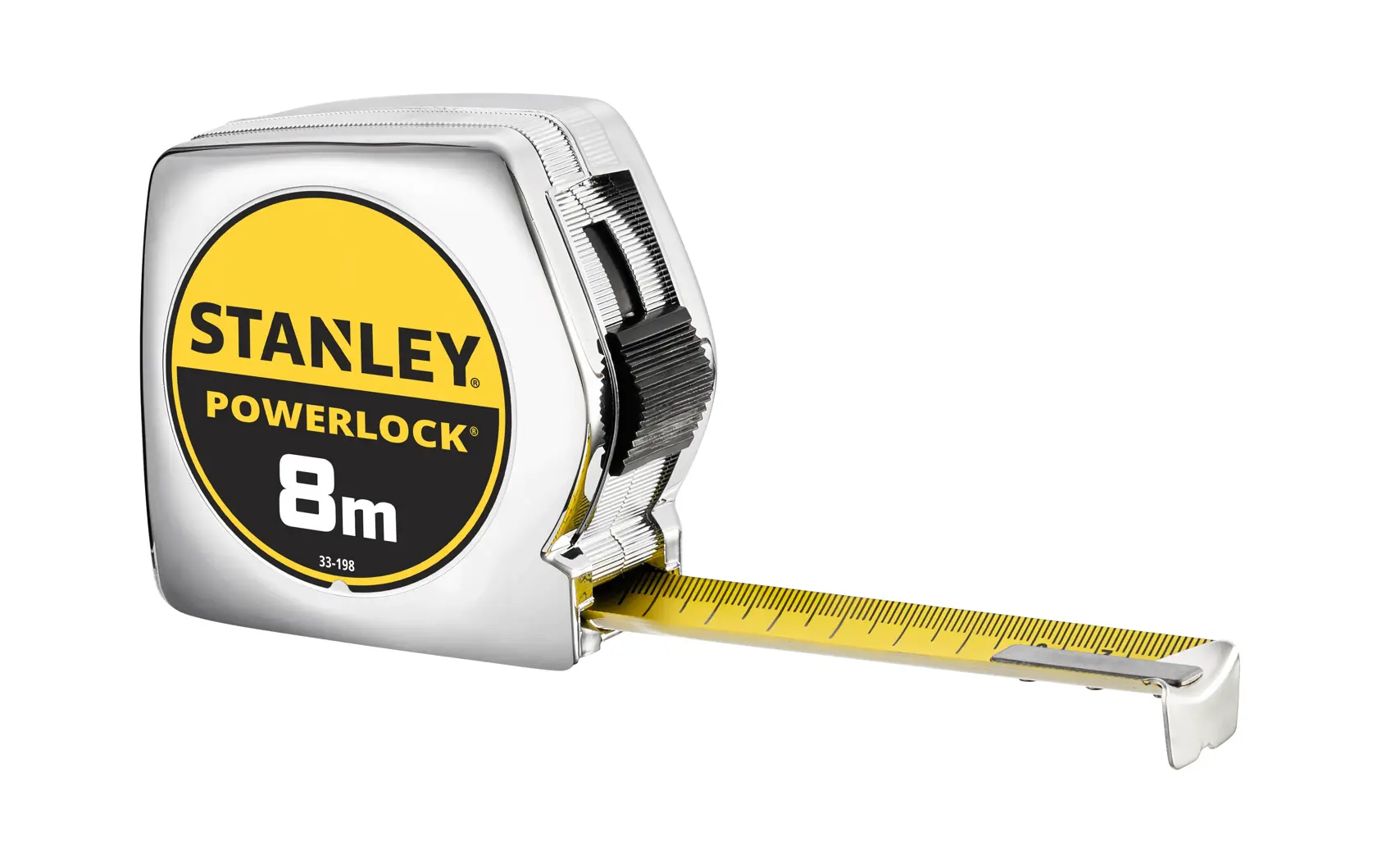 Photo of STANLEY 1-33-198 tape measure, PowerLock, 8m, yellow blade, chrome case, angled view on white.