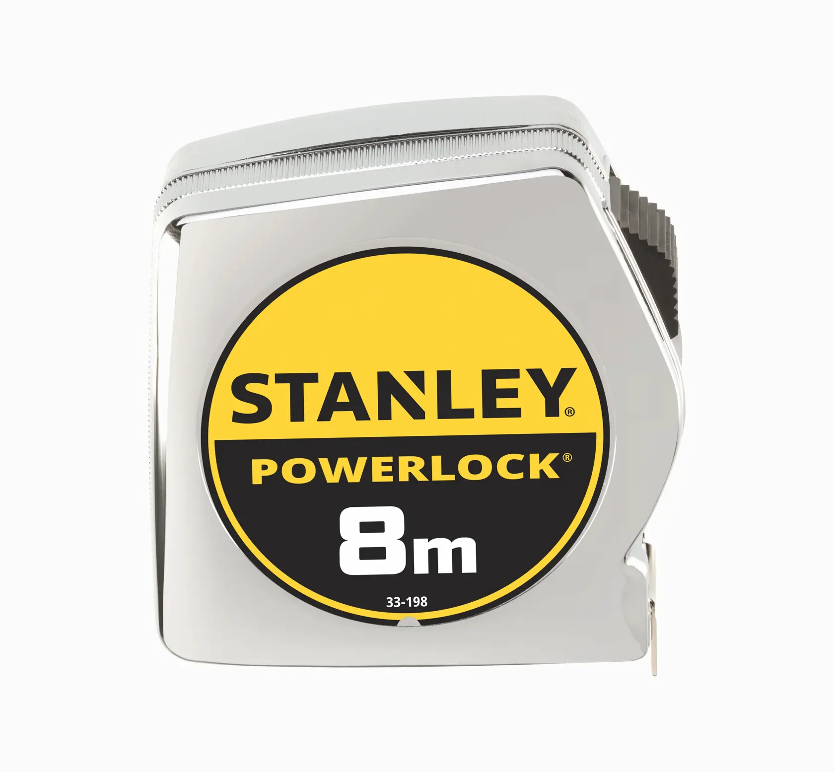 STANLEY 1-33-198 PowerLock tape measure, 8m, chrome case, front angle, product photography.
