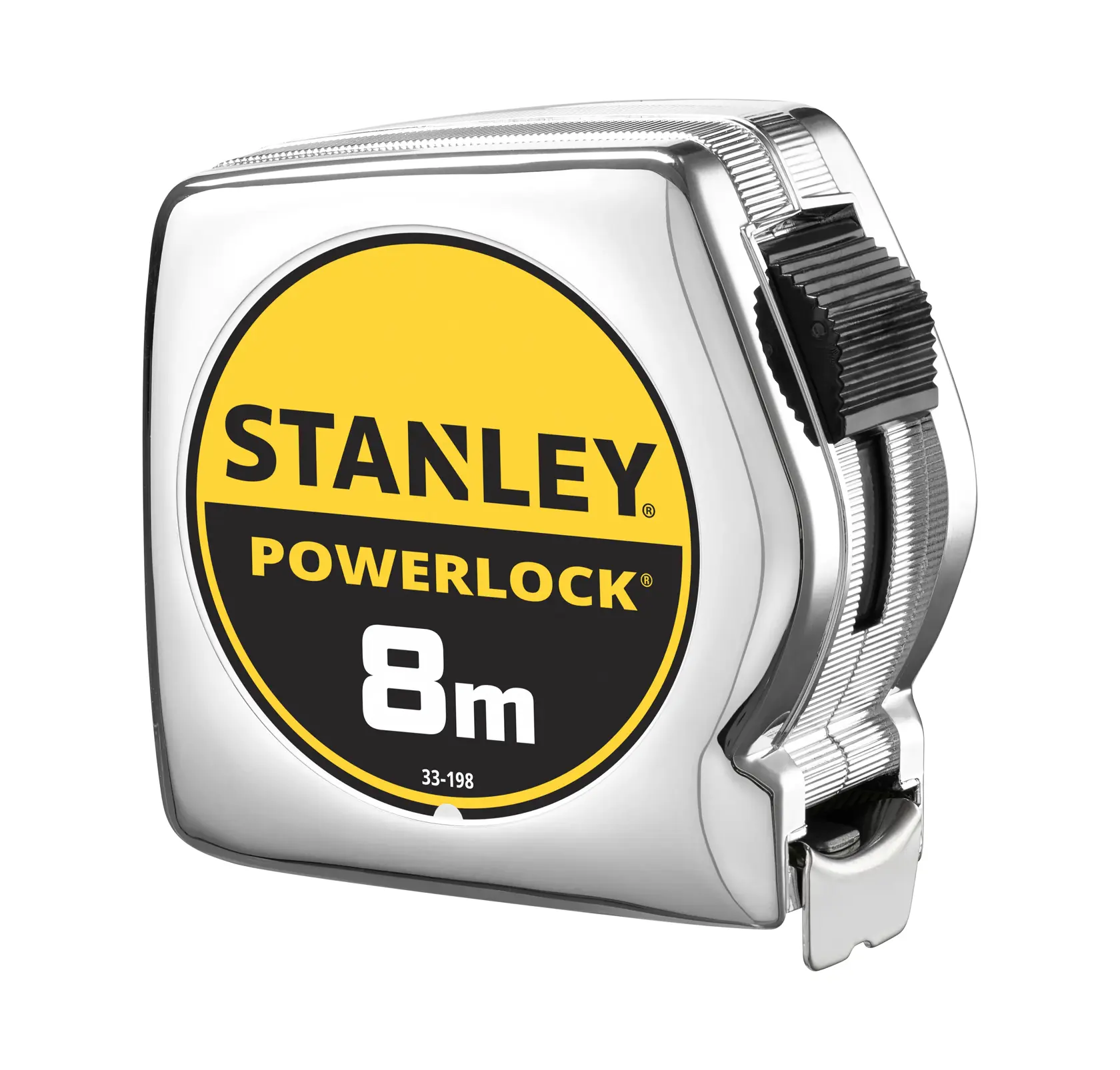 STANLEY 1-33-198 tape measure, PowerLock 8m, chrome case, left angle product photo.
