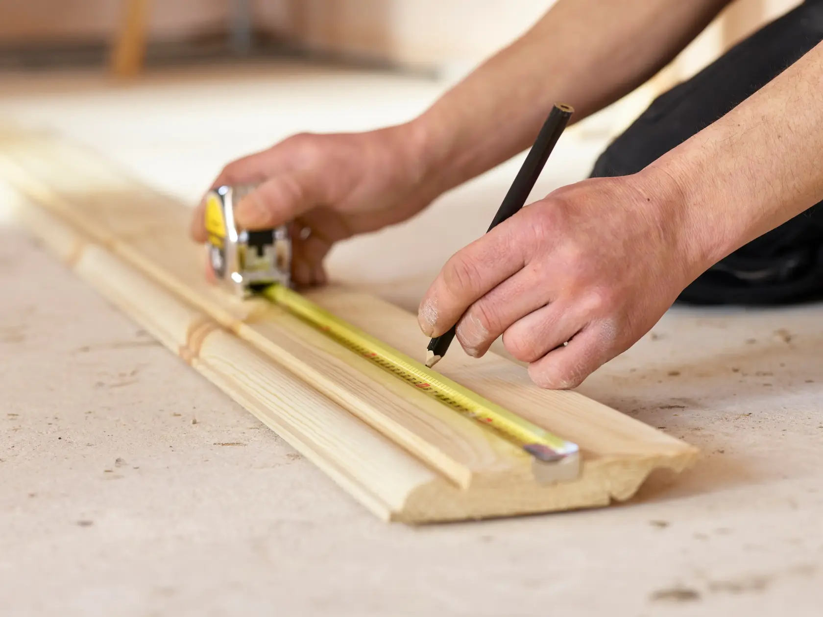 STANLEY 1-33-198 tape measure photography showing measuring and marking wood plank.