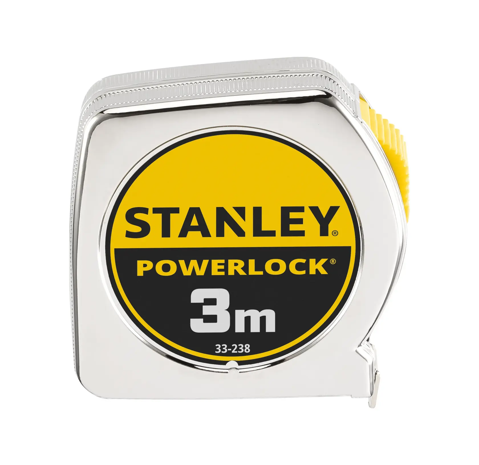 STANLEY 1-33-238 tape measure, Powerlock series, 3m, front angle, yellow and chrome case.