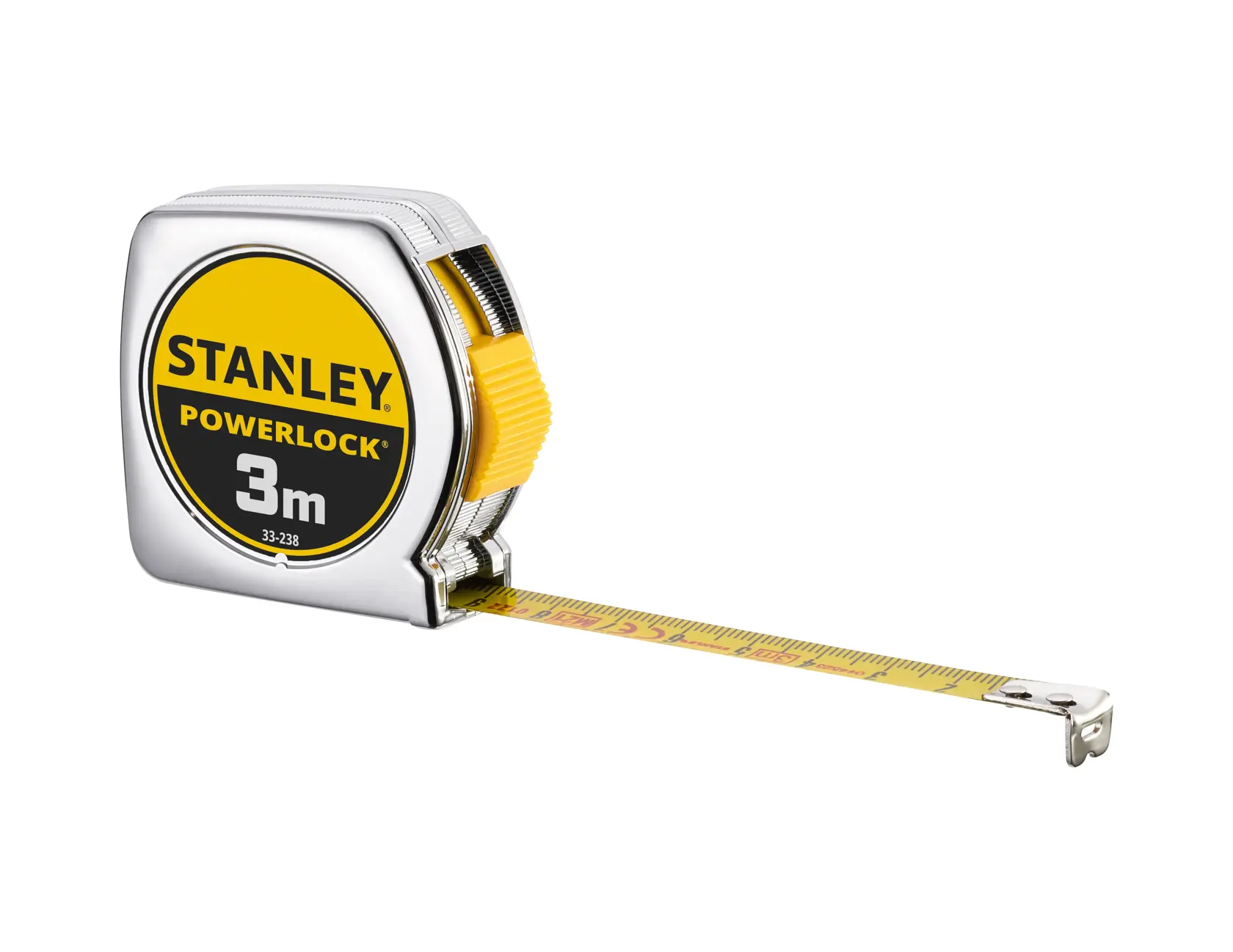 STANLEY 1-33-238 tape measure with yellow blade and chrome case, photography on white background.