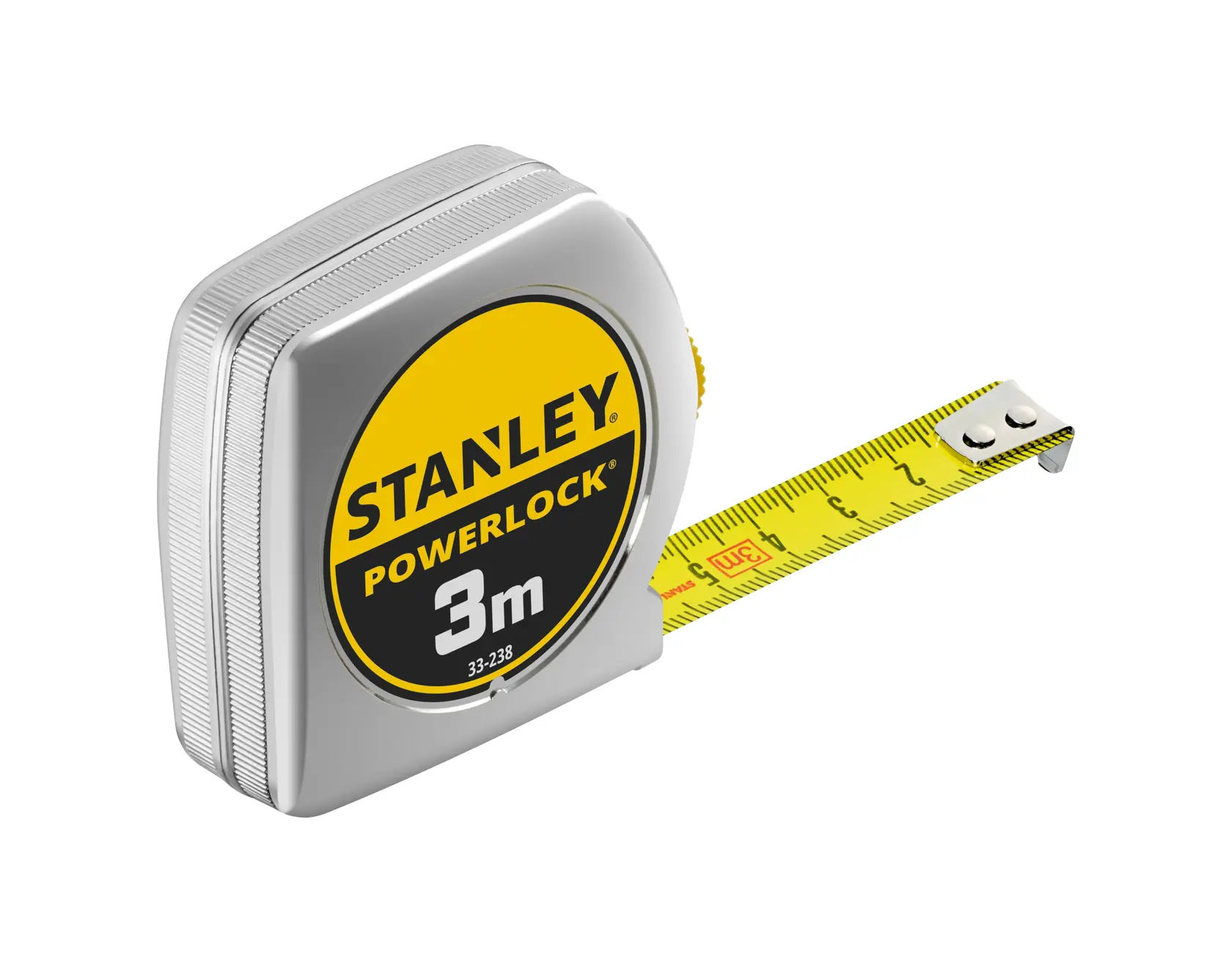 STANLEY 1-33-238 PowerLock tape measure, 3m, silver and yellow, product side angle on white background.