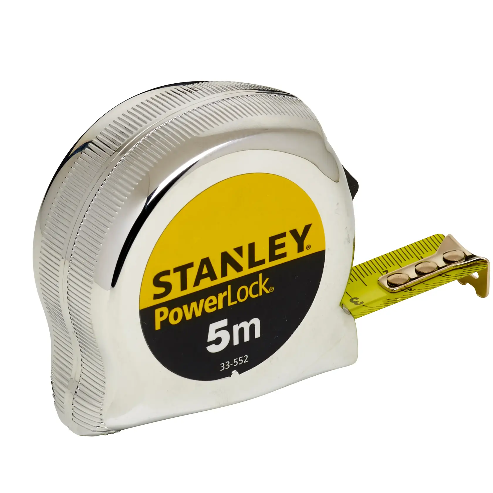 Photo of STANLEY 1-33-552 tape measure, yellow and chrome, PowerLock series, with tape extended, front angle.