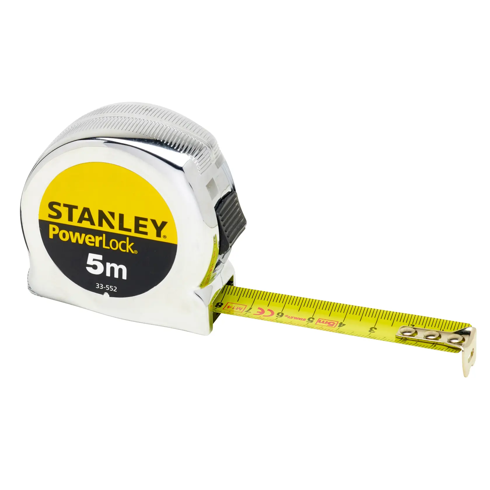 STANLEY 1-33-552 tape measure, 5m PowerLock, chrome case, yellow measuring tape, angled view.
