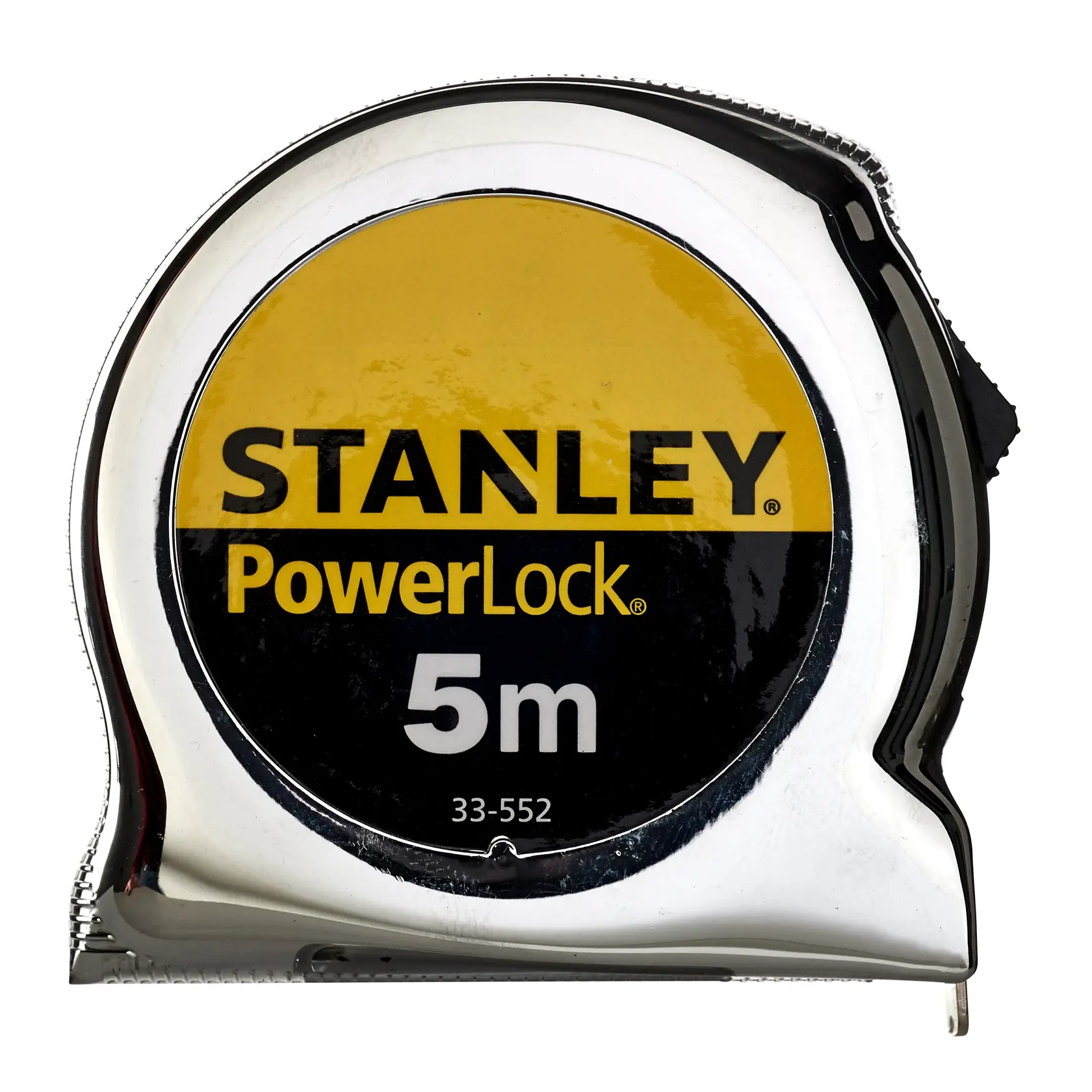 STANLEY 1-33-552 PowerLock 5m tape measure, silver body, front view on white background.