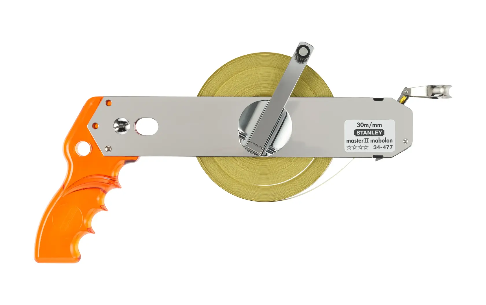 STANLEY 1-34-477 measuring tape with orange plastic handle, metal frame and winding crank, front view.