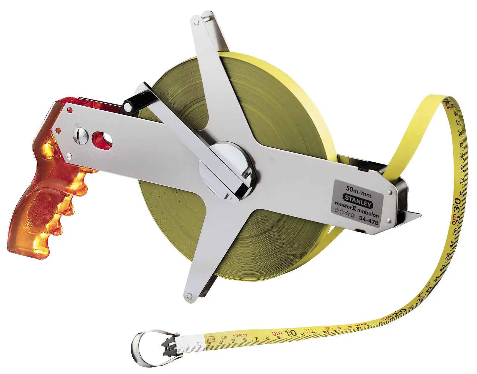 Photo of STANLEY 1-34-478 open reel fiberglass measuring tape with yellow blade and orange grip, front angle.