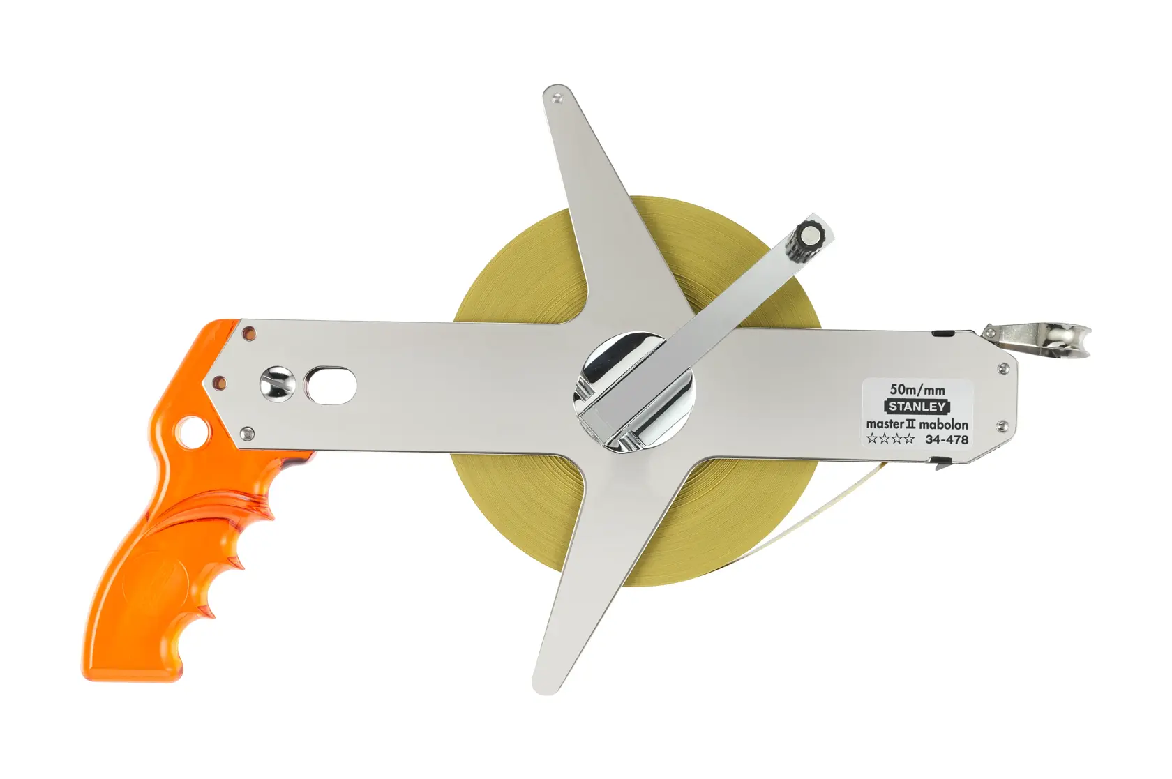 STANLEY 1-34-478 open reel measuring tape with orange handle, product photography, top view.