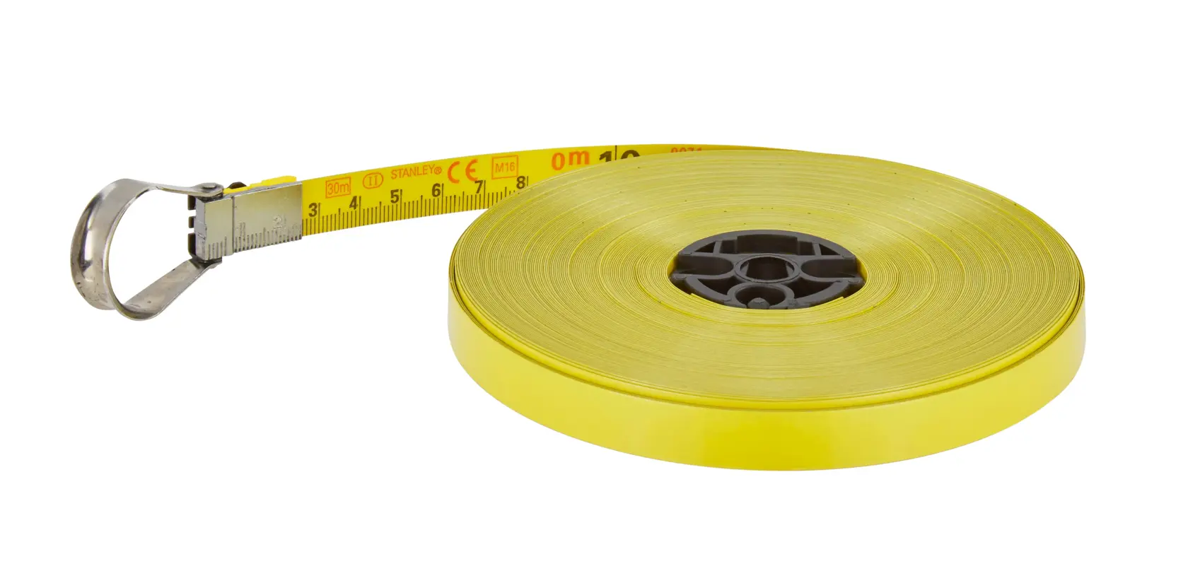 Stanley yellow measuring tape reel with metal hook, used for precise measurements in construction and photography.