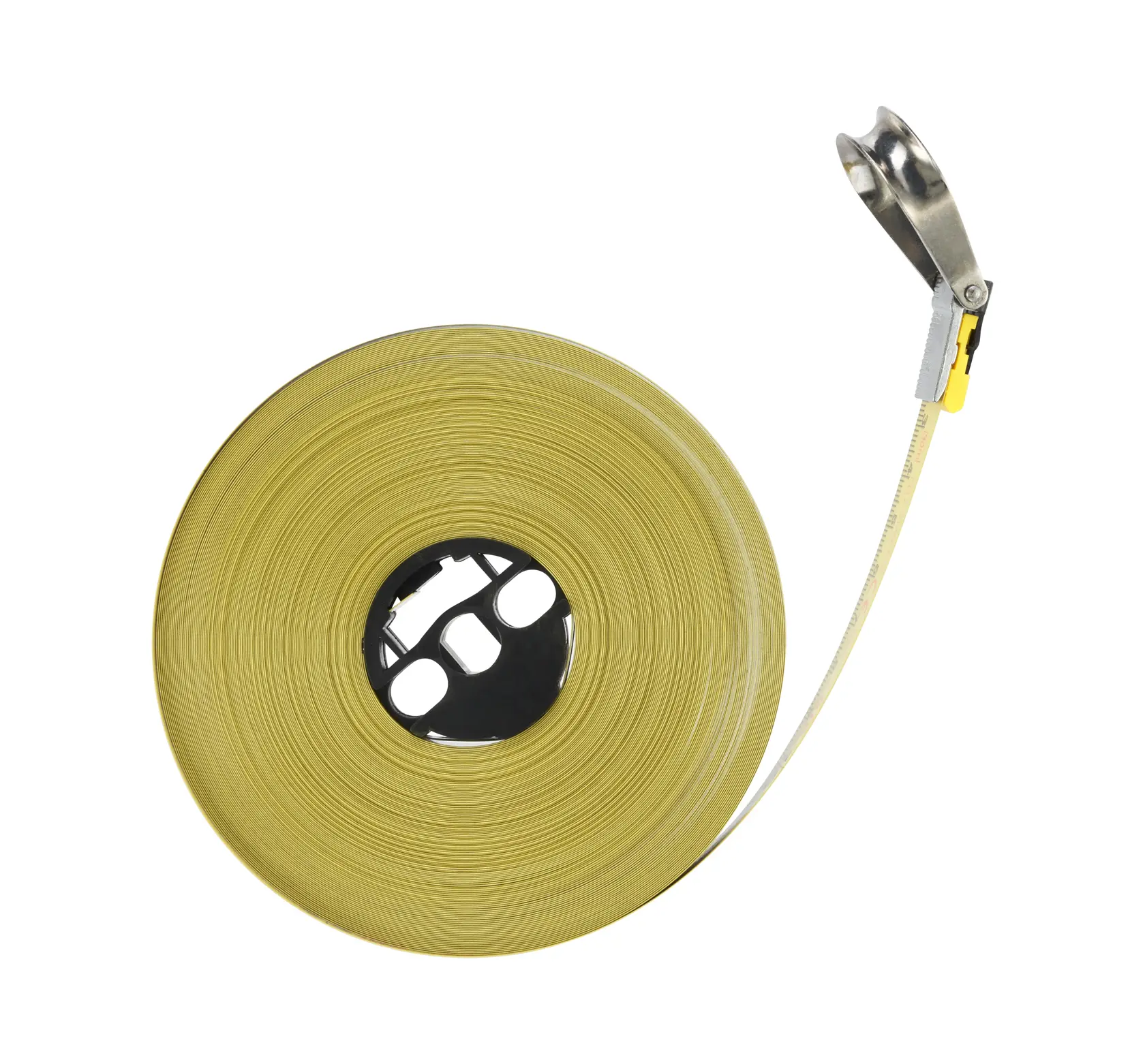 STANLEY 1-34-734 yellow fiberglass measuring tape, photography, top view on white background.