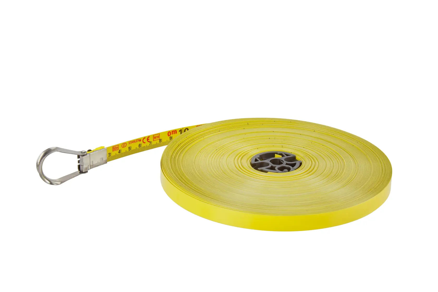 Yellow measuring tape reel with metal loop and printed scale, suitable for precise measurement tasks.