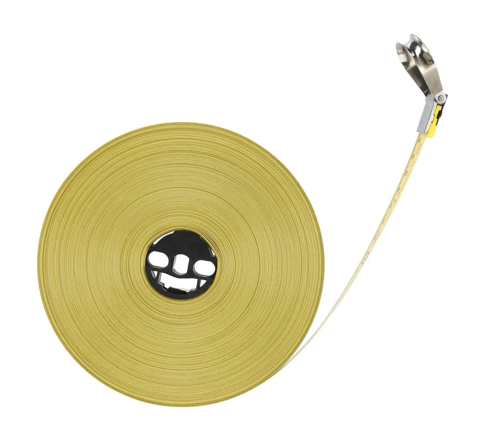 STANLEY 1-34-737 yellow measuring tape with metal hook, photography, top view, white background.
