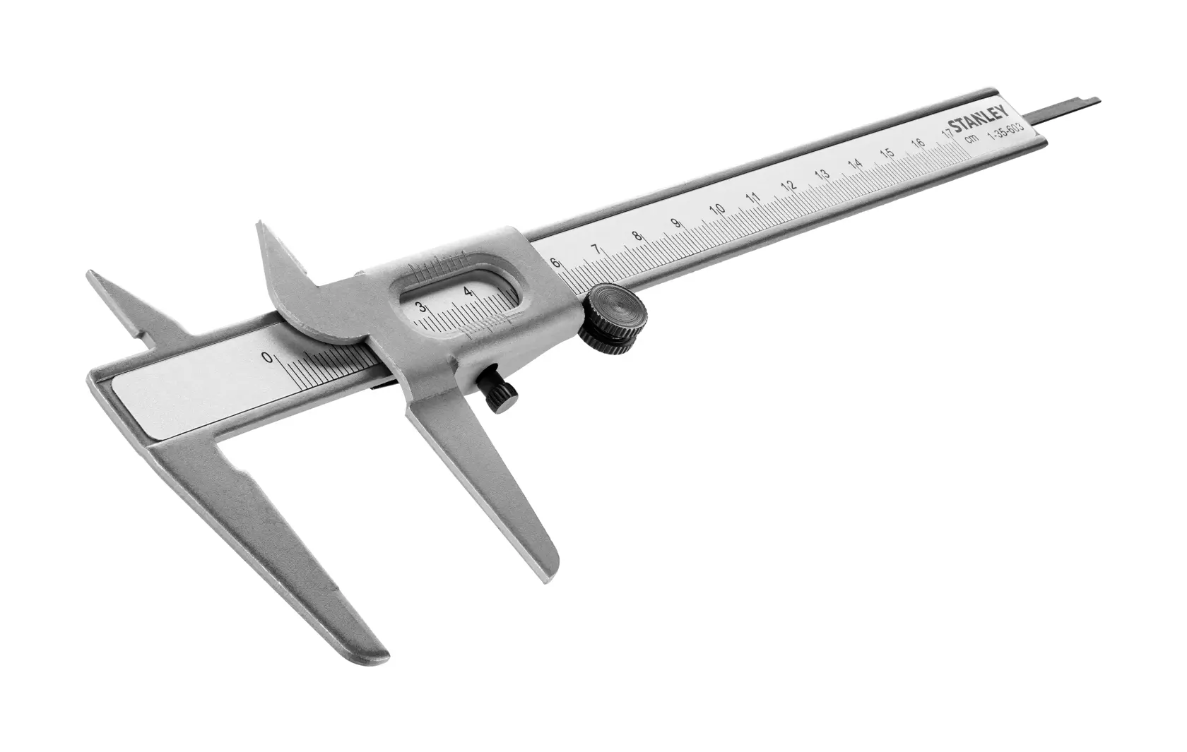 Photo of STANLEY 1-35-603 vernier caliper, silver metal, side angle on white background.
