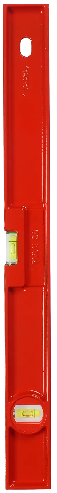 Photo of STANLEY 1-42-252 red spirit level with two bubble vials, front view, for precise leveling.