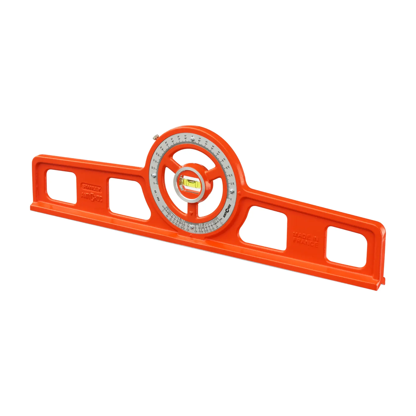 Orange Stanley angle spirit level with protractor for measuring angles and leveling surfaces.
