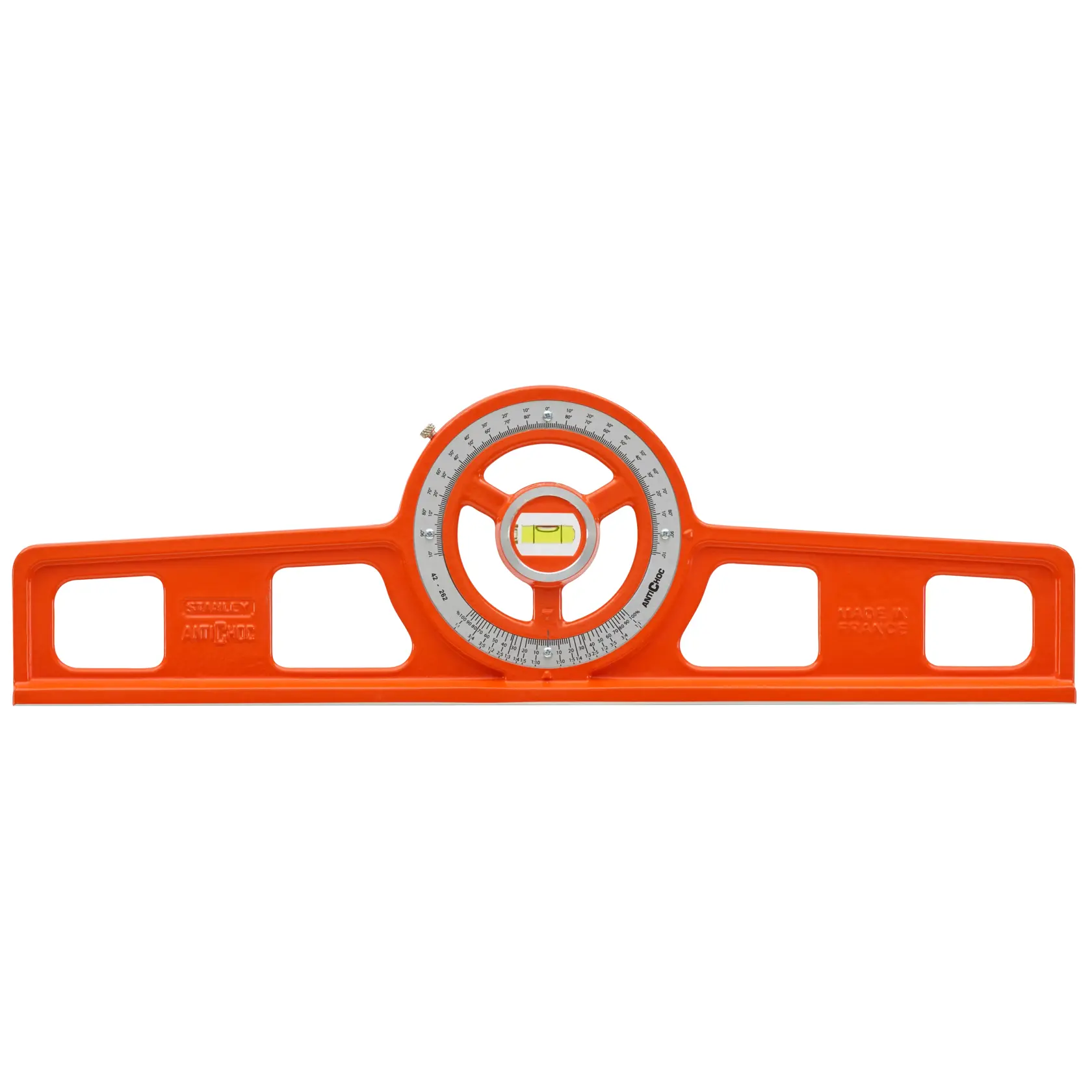 STANLEY 1-42-262 orange adjustable clinometer level, front view on white background.