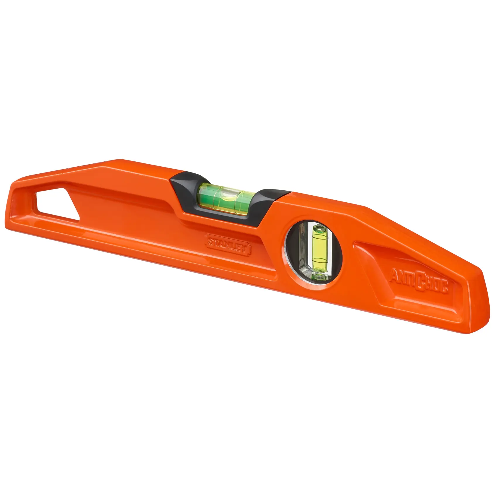 STANLEY 1-42-311 orange spirit level with dual vials, angled photography on white background.