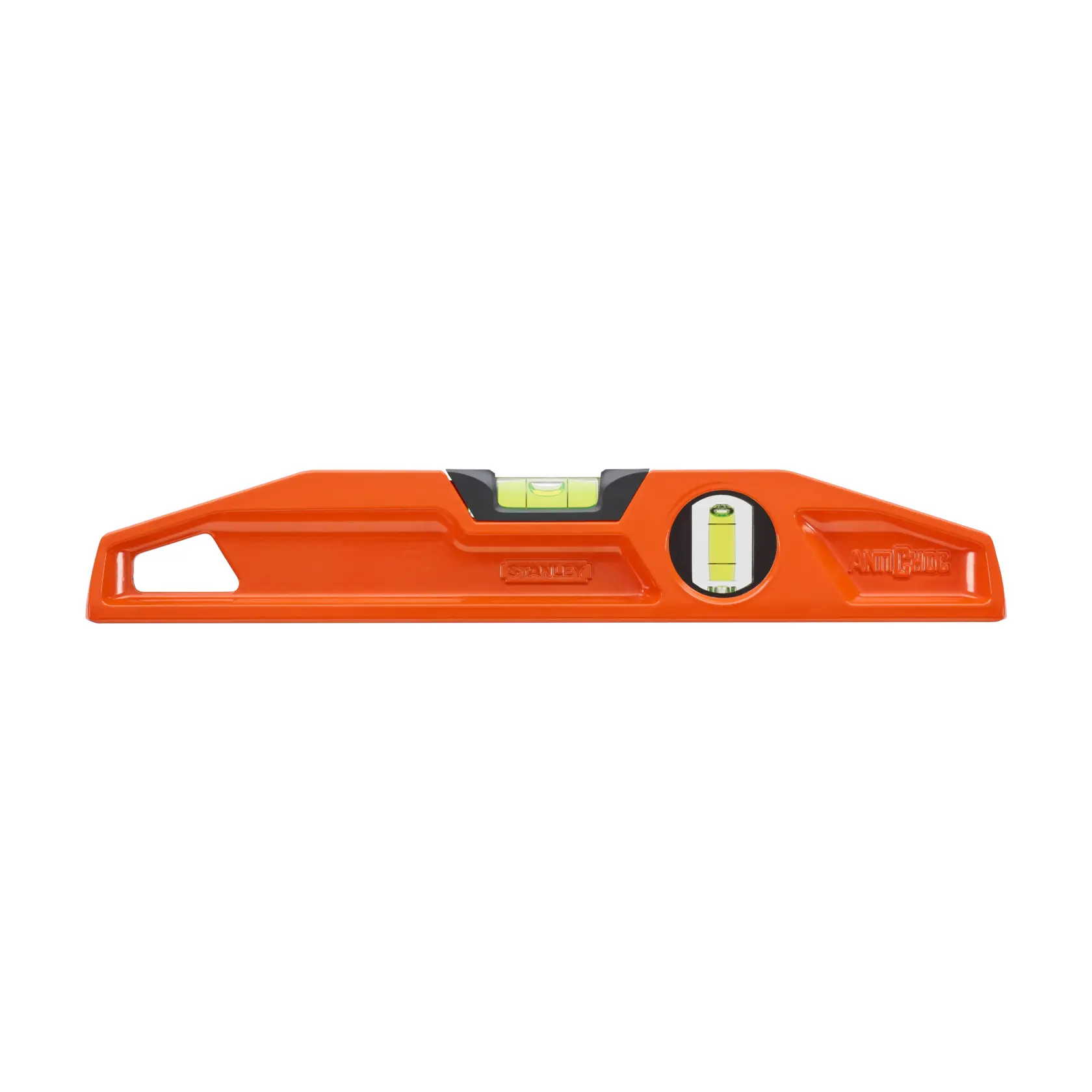 STANLEY 1-42-311 orange torpedo level with two vials, photography on white background.