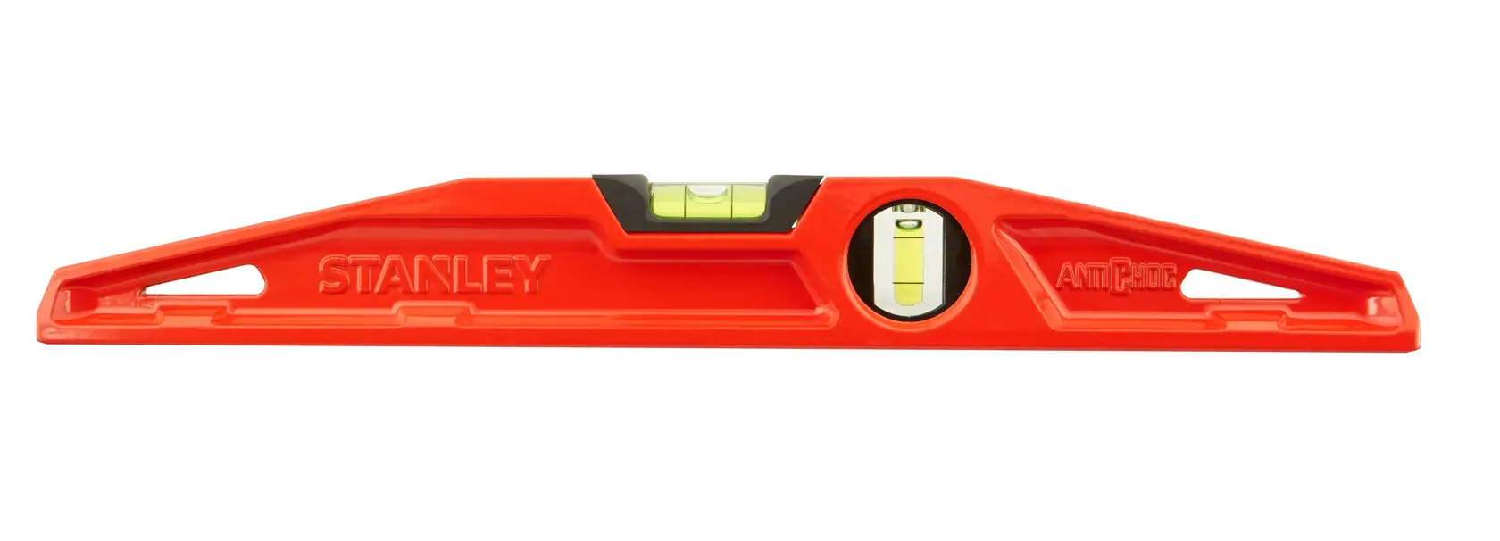 Photo of STANLEY 1-42-312 red spirit level with two vials, front view on white background.