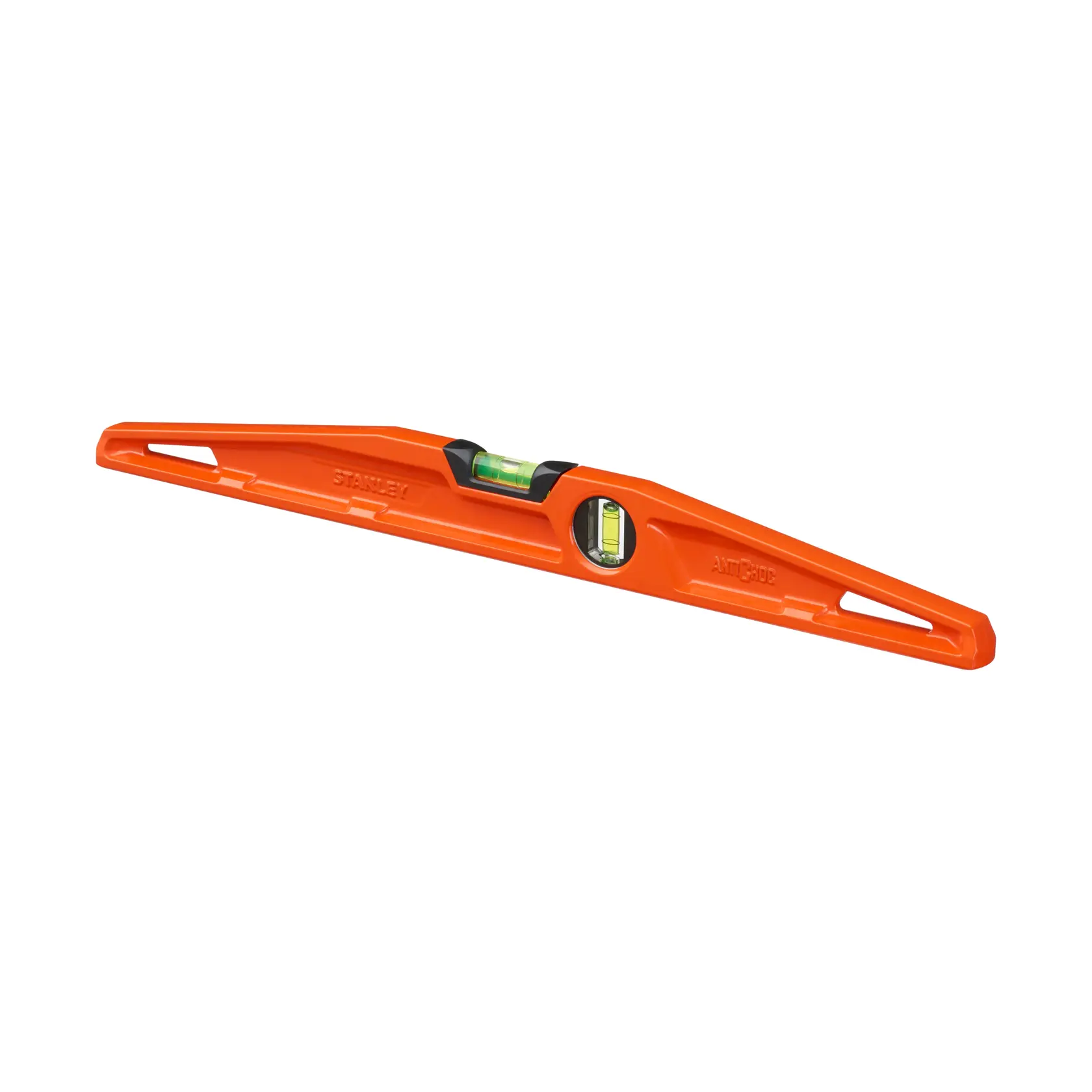 STANLEY 1-42-313 orange spirit level, two vials, oblique angle, white background.