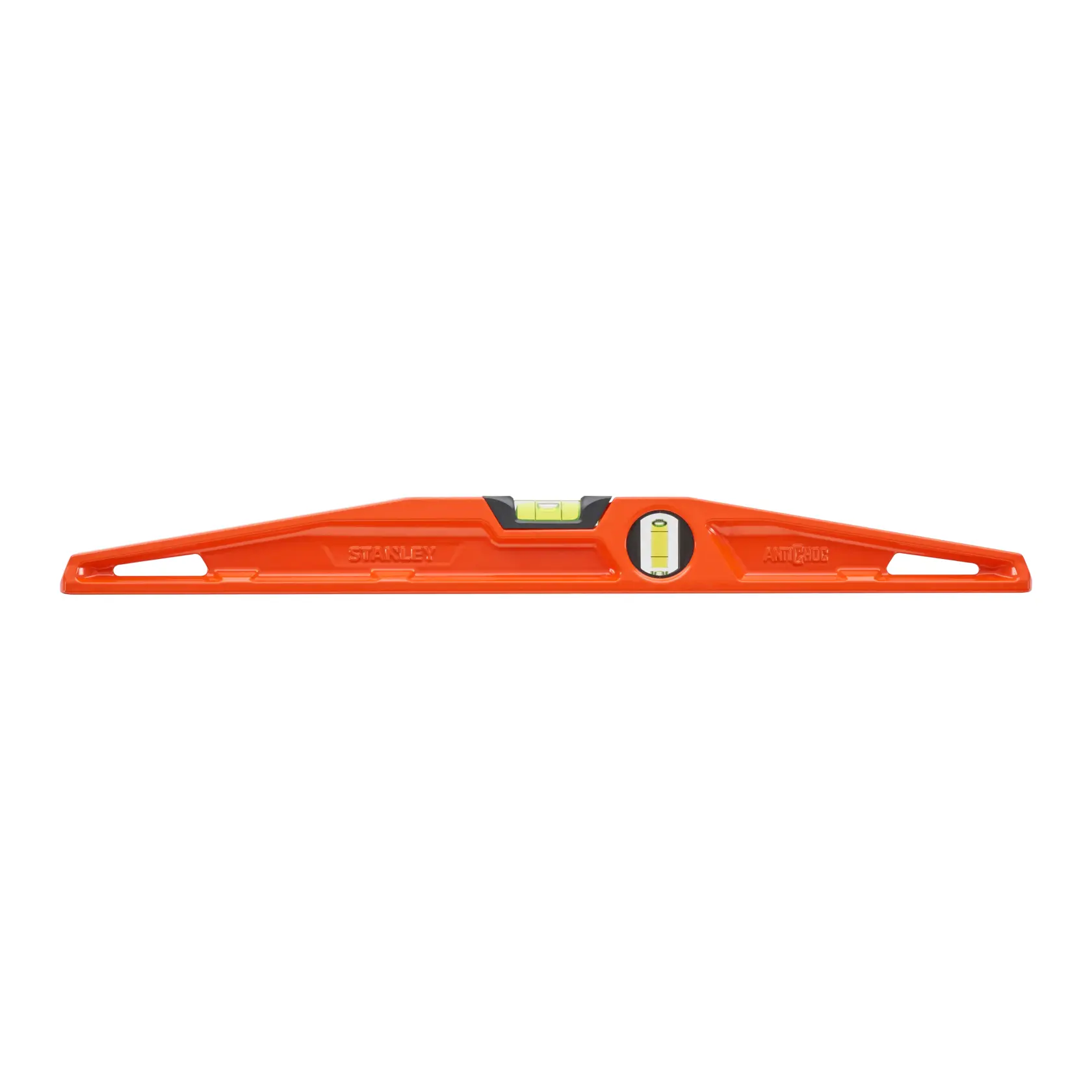 STANLEY 1-42-313 orange spirit level with two vials, front angle on white background.