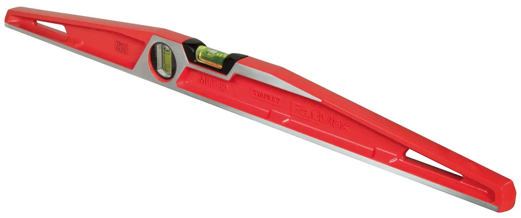 Red STANLEY spirit level with two bubble vials, elongated design, used for precise leveling tasks.