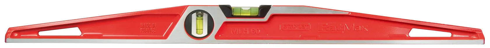 Red Stanley spirit level tool with two bubble vials, designed for precise leveling in construction and photography.