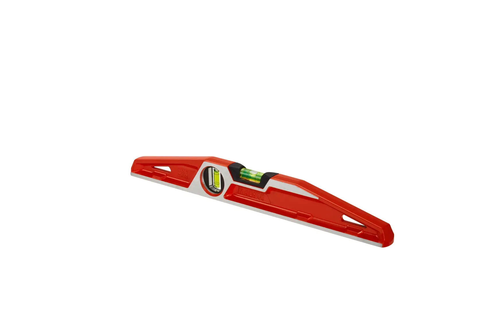 Stanley red spirit level with bubble indicator, placed against a white background.