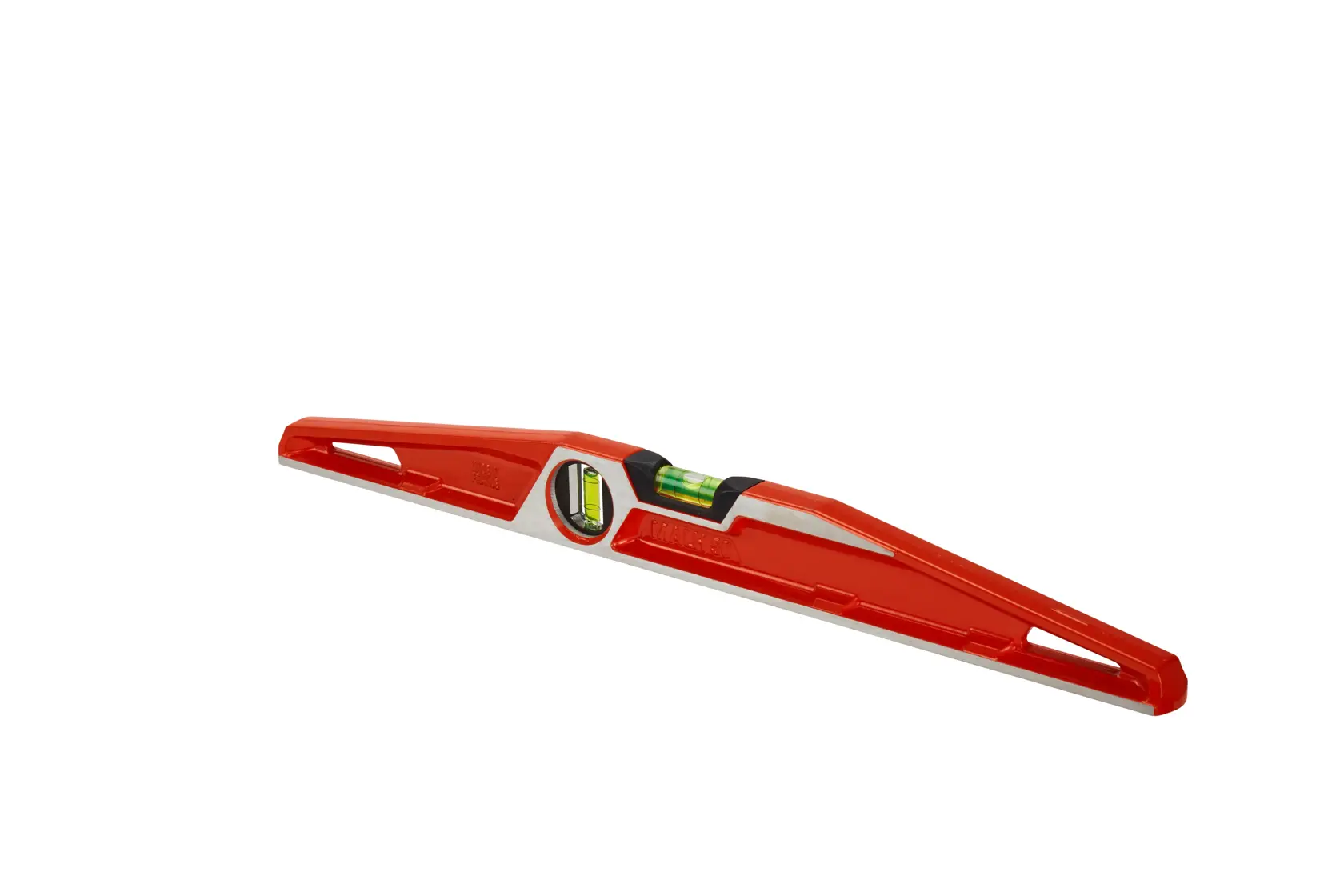 Red Stanley spirit level with two vials, angled design, used for accurate leveling in photography or construction.