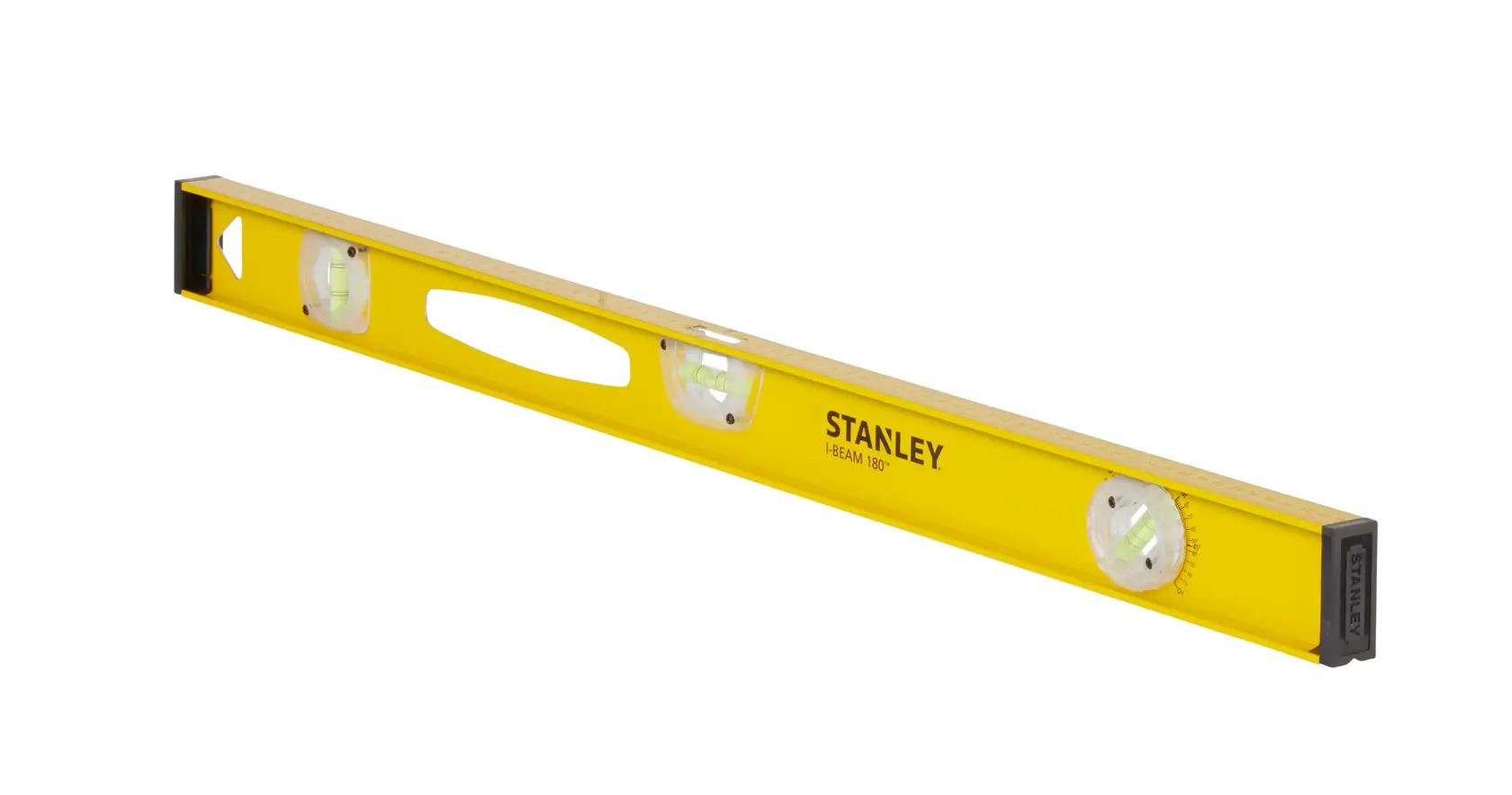Yellow STANLEY spirit level with three bubble vials and a cut-out handle, used for measuring horizontal alignment.