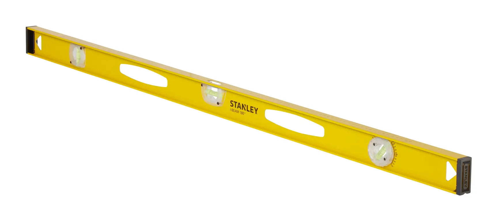 STANLEY 1-42-923 yellow spirit level with three vials, photography, angled on white background.