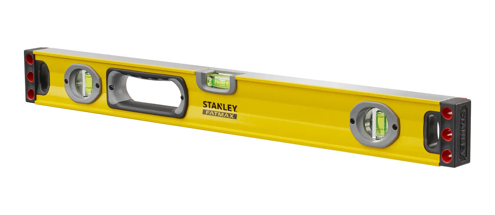 Yellow Stanley Fatmax spirit level with three bubble vials and ergonomic handle.