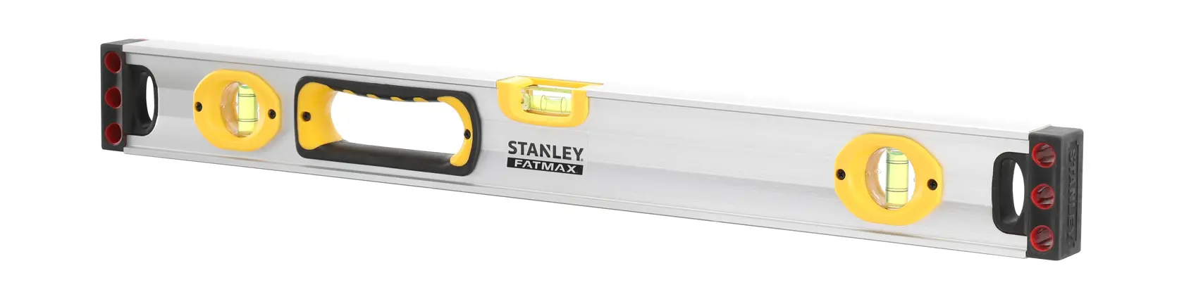 Stanley FatMax spirit level with yellow ends, handle, and three bubble vials for precise measurements.