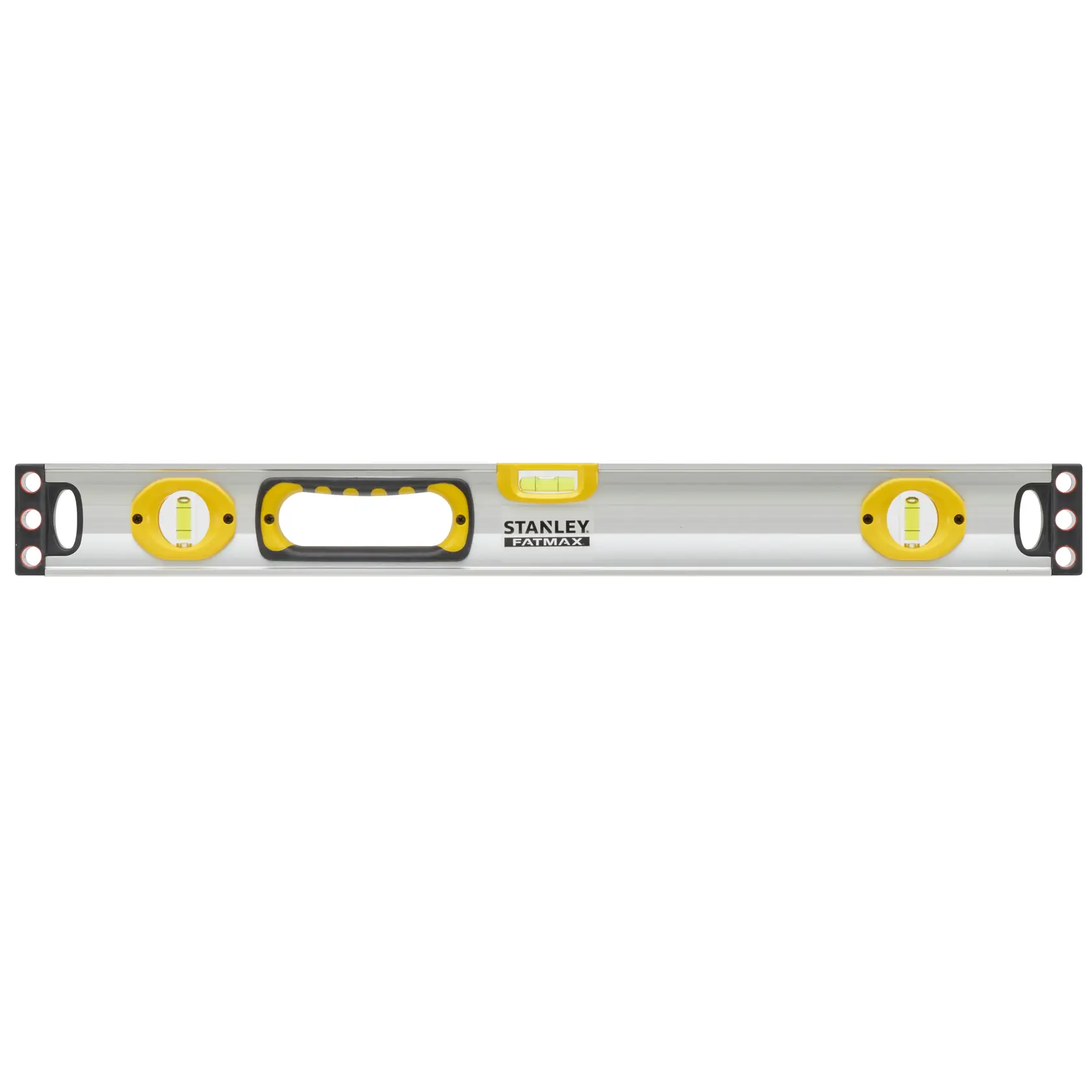 Stanley FatMax spirit level with three bubble vials and a handle on a silver body for precise measurements.