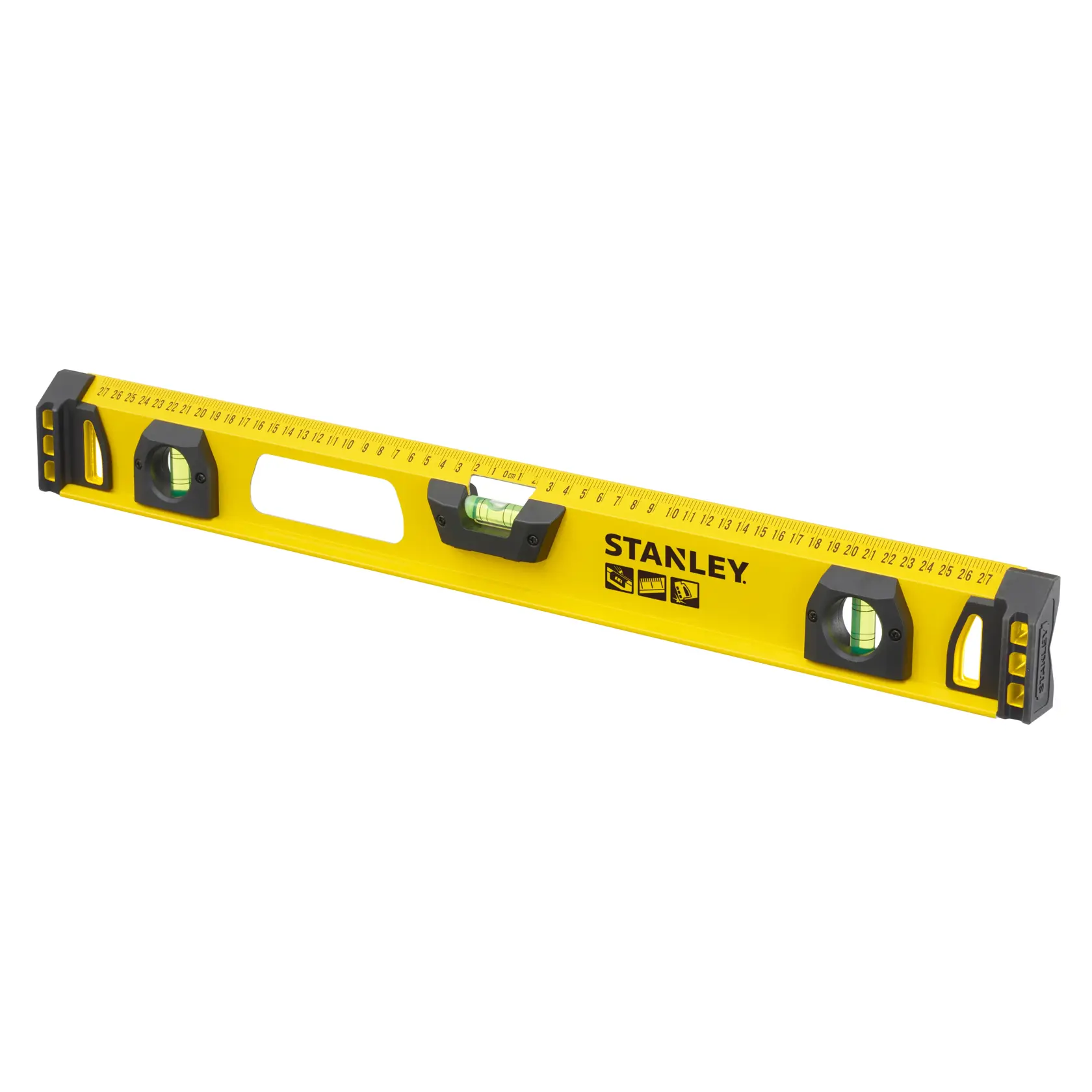 STANLEY 1-43-553 yellow spirit level with ruler, three vials, photography on white background.