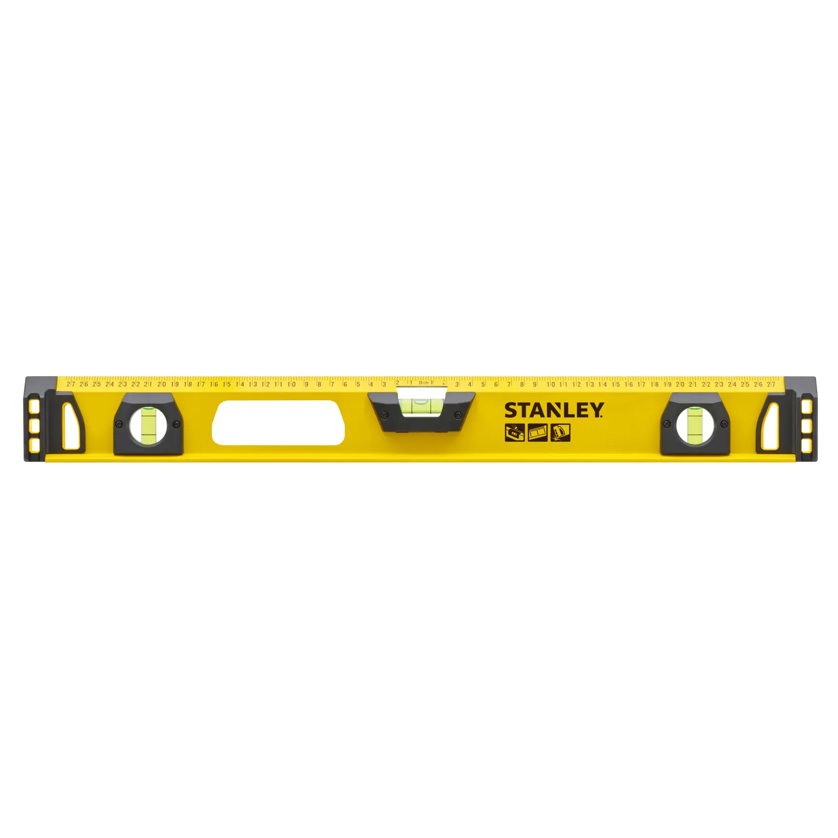 STANLEY 1-43-553 yellow spirit level with three vials, ruler markings, and handle, front view on white background.
