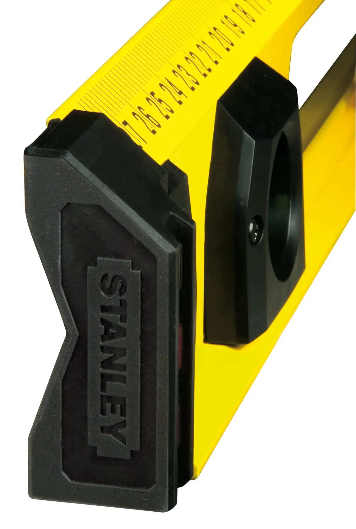 STANLEY 1-43-553 yellow ruler with black handle, close-up angle, photography product