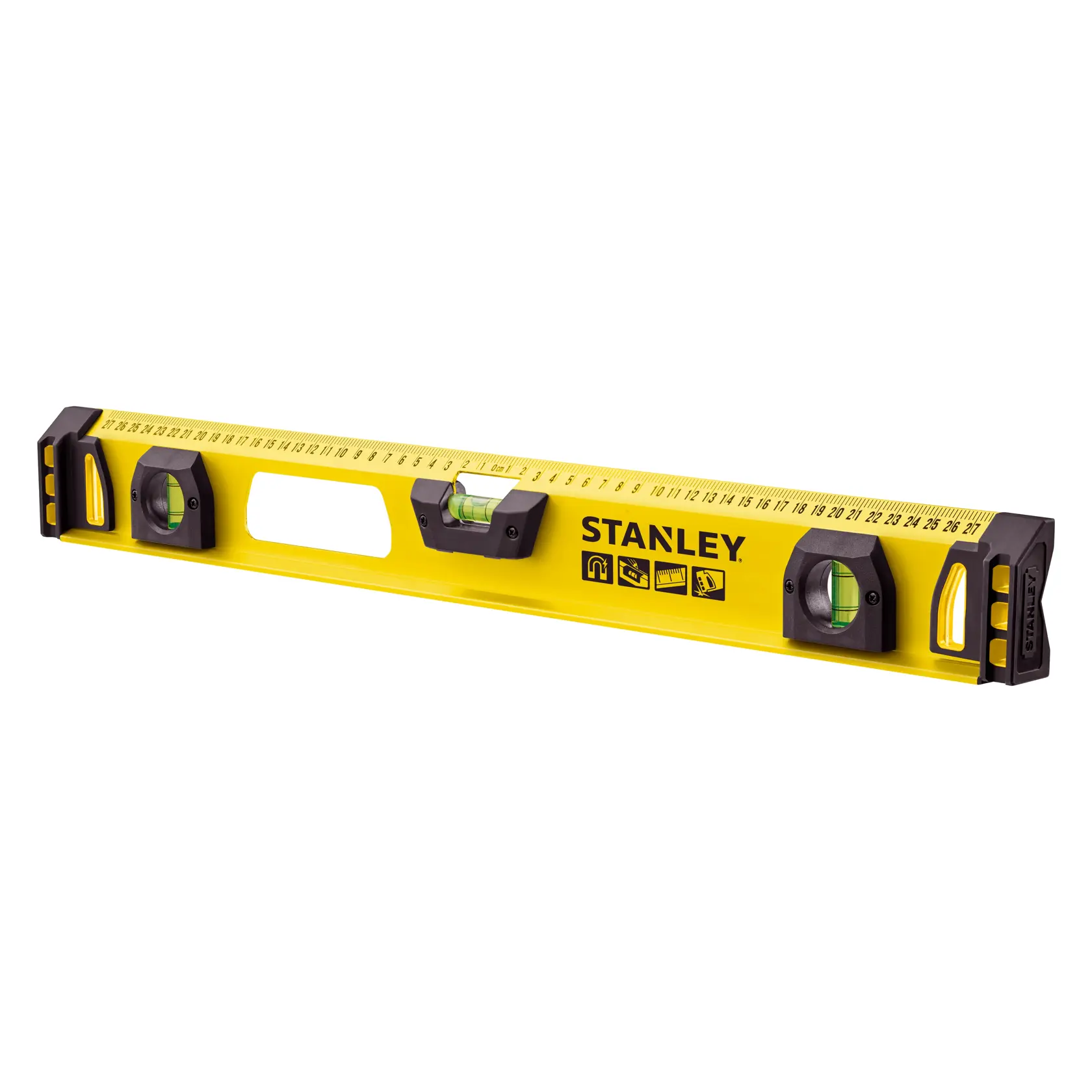 Photo of STANLEY 1-43-554 yellow spirit level with three vials, black end caps, and ruler markings, angled view.