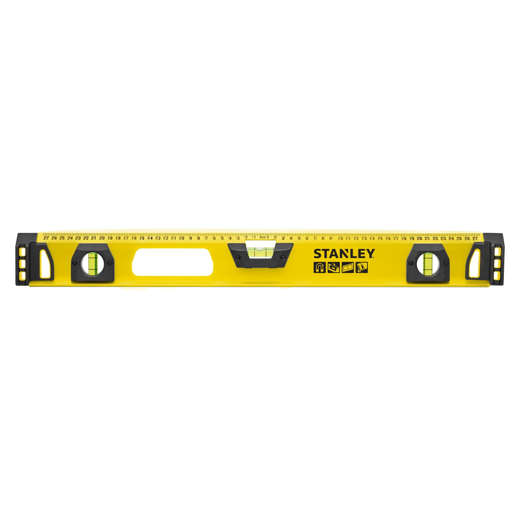 STANLEY 1-43-554 yellow spirit level with ruler, three vials, and black accents, front angle on white background.