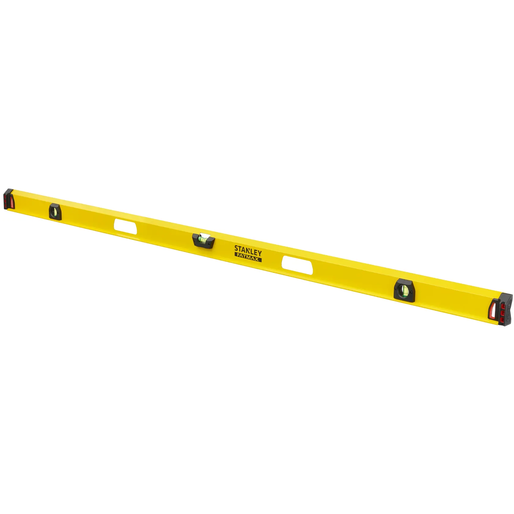 Photo of STANLEY 1-43-557 spirit level, yellow with black ends, three vials, front angle on white background.