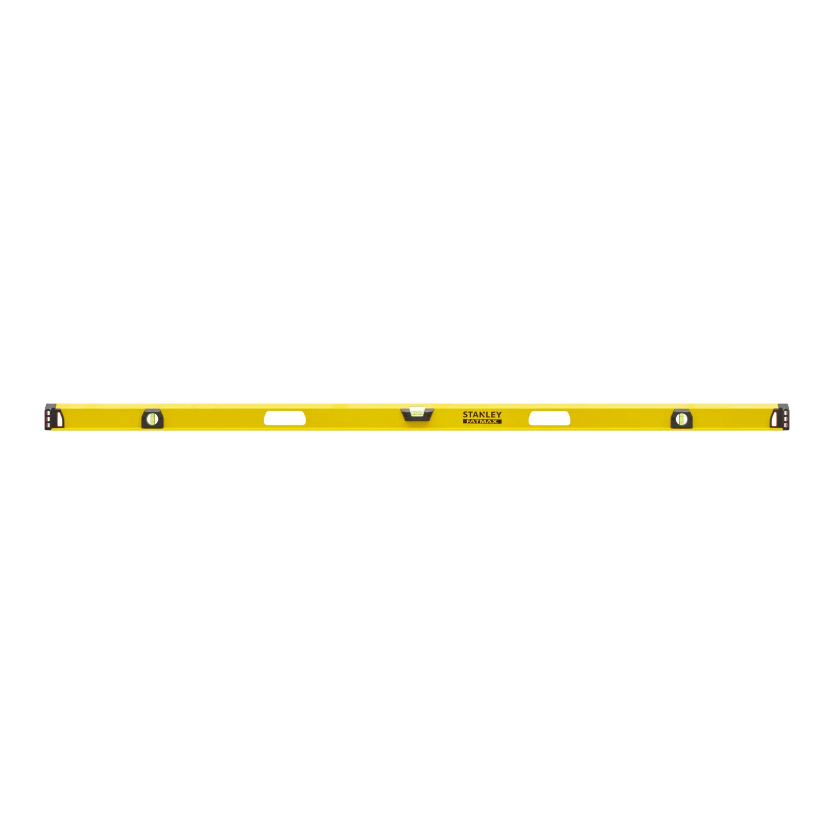 Yellow Stanley spirit level tool with three vials and two handles, used for precise leveling in construction.