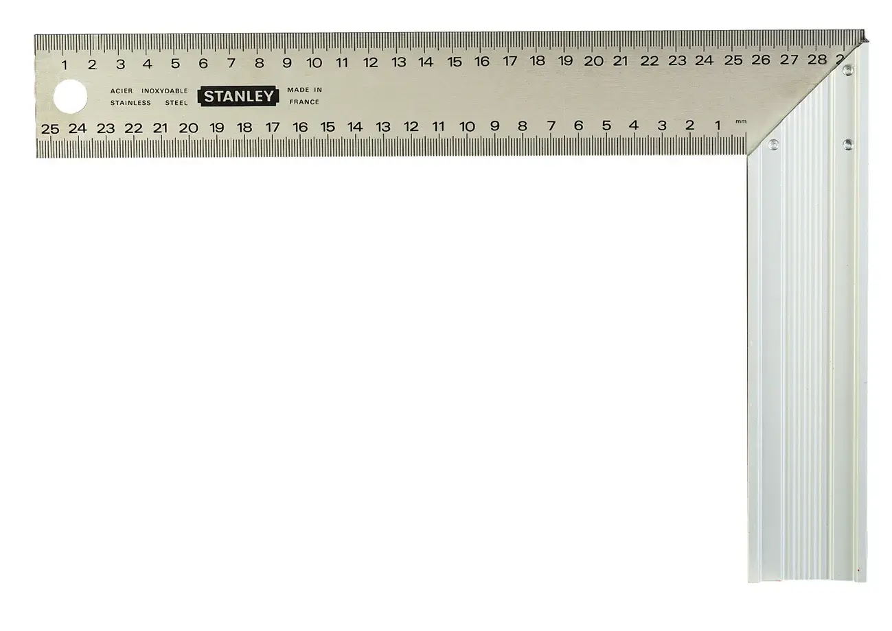 STANLEY 1-45-685 steel carpenter's square with metric and imperial markings, top view on white background.
