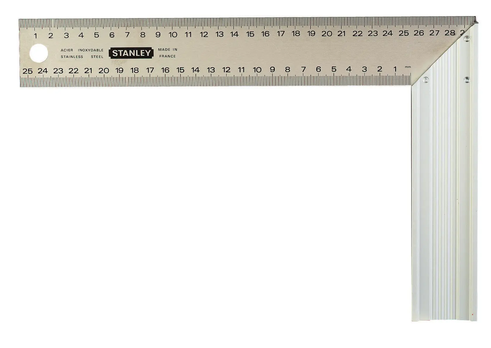 STANLEY 1-45-686 try square with stainless steel ruler, clear metric markings, top view on white background.