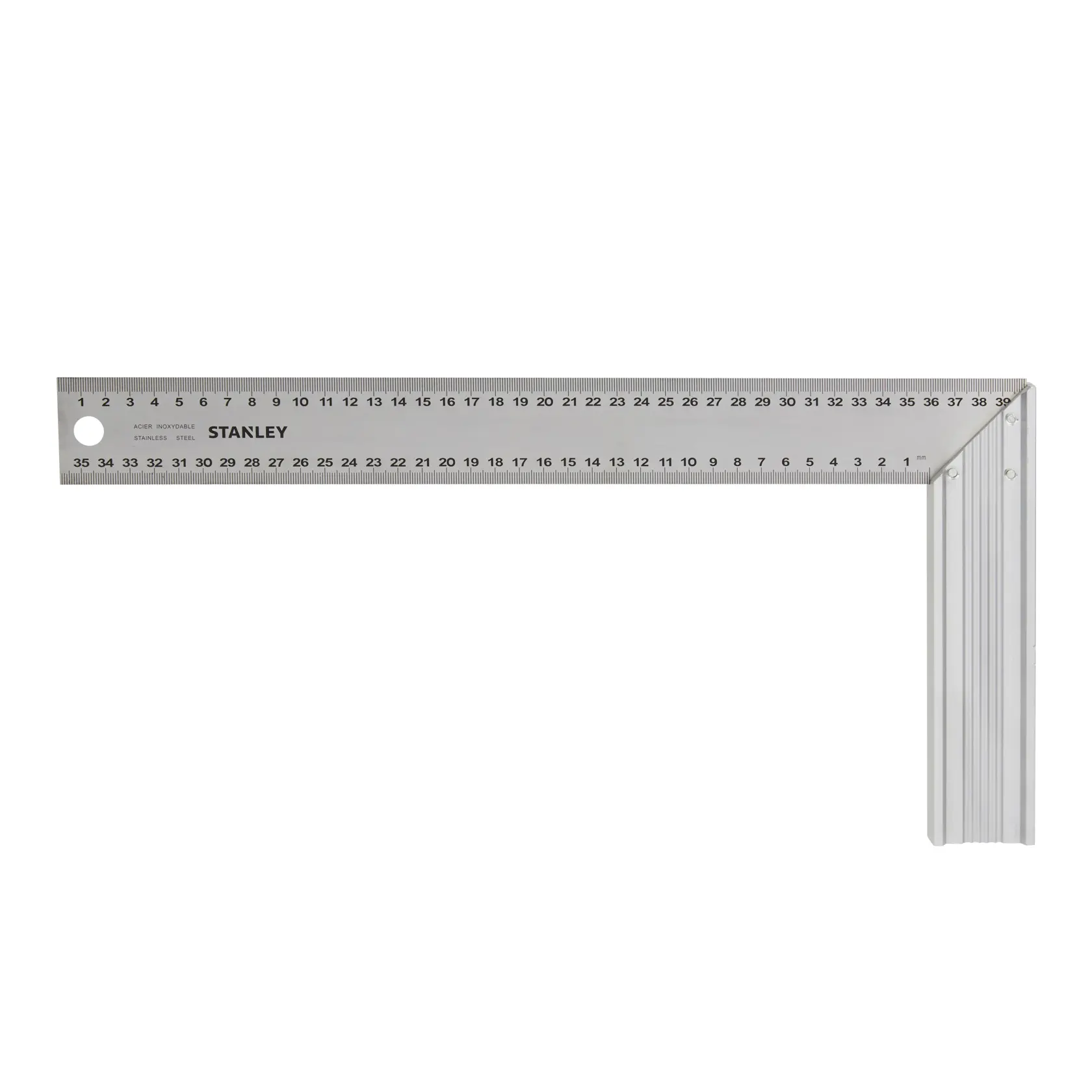 STANLEY 1-45-687 stainless steel try square with metric markings, product top view on white background.